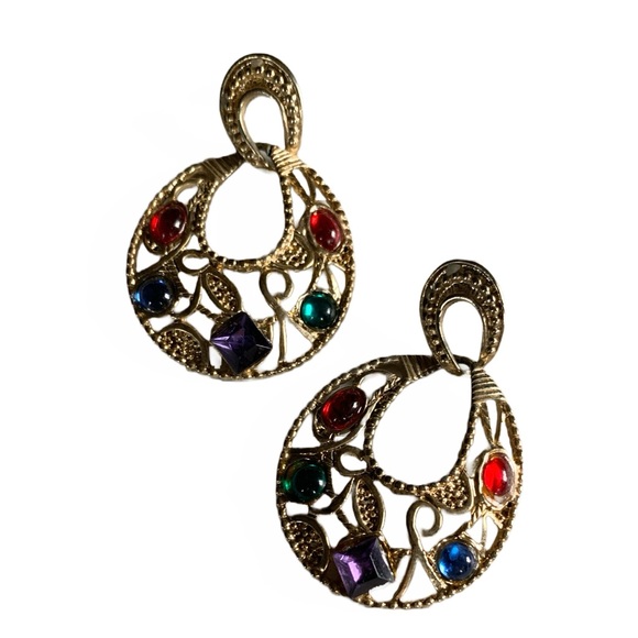 VINTAGE GOLD TONE FILAGREE FAUX JEWELS DISC POST PIERCED BACK EARRINGS - Picture 8 of 10